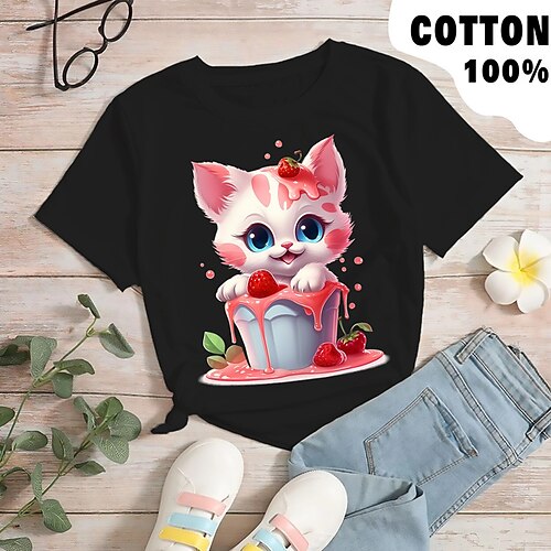 

Chica Camiseta Manga Corta Camiseta Graphic Caricatura Gato Impresión 3D Activo Moda Estilo lindo 100% Algodón Exterior Casual Diario Niños Cuello redondo 3-12 años Gráfico impreso en 3D Ajuste