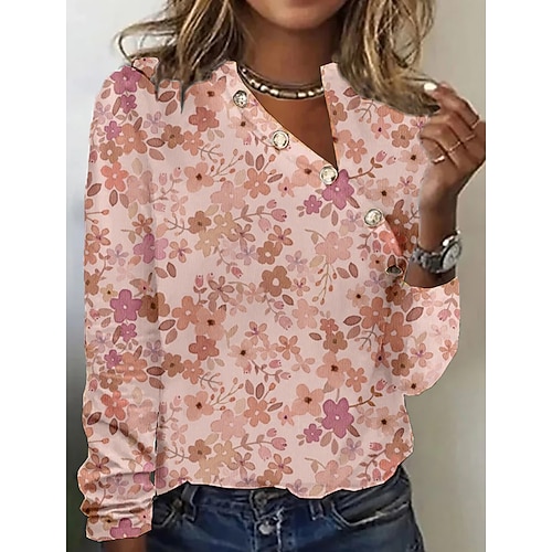 

Damen T Shirt Rosa Blau Orange Blumen Taste Bedruckt Langarm Casual Festtage Basic V Ausschnitt Standard Blume S