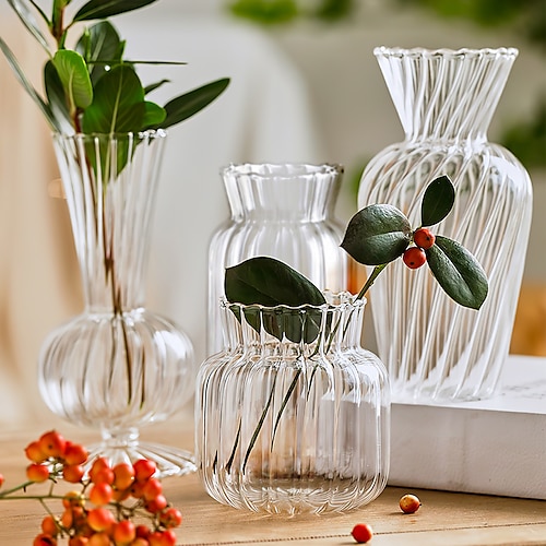 

INS Wind Handmade Glass Vase Creative Flower Arranger Transparent Dry Flower Vase Desktop Hydroponic Flower Cultivator Stripe Wave Glass Vase Artwork Decoration Creative Home Decoration Gifts 1PC