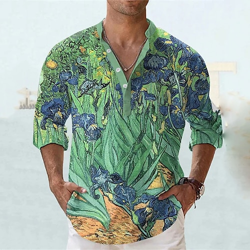 

Hombre Camisa camisa de lino Floral Estampados Escote Chino Morado Verde Trébol Caqui Arco Iris Exterior Calle Manga Larga Estampado Ropa Lino Moda Ropa de calle Design Casual