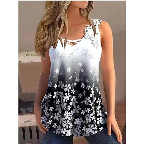 

Mulheres Malha Íntima Branco Floral Renda Imprimir Sem Manga Casual Feriado Básico Decote V Padrão Tema Flores S