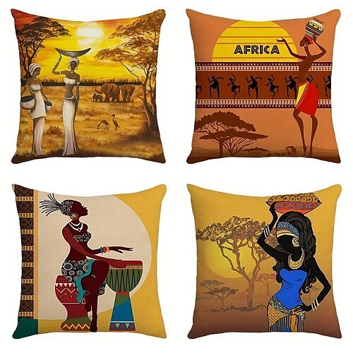 

Funda de almohada de doble cara para mujer africana, funda de cojín cuadrada decorativa suave de 4 piezas, funda de almohada para dormitorio, sala de estar, sofá, silla, arte afro