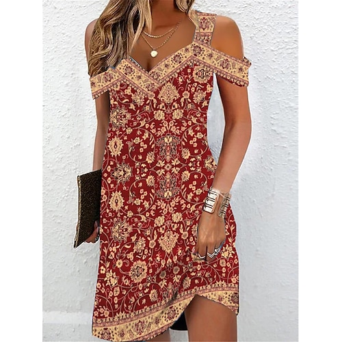 

Tenue décontractée Robe ethnique Robe d'été Femme Floral Tribal Accueil froid Imprimer A Bretelles Rétro Vintage Ethnique Extérieur du quotidien Manche Courte Standard Noir Vin Rouge Eté Printemps S