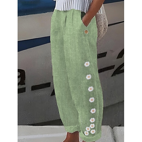 

pantalones de lino de mujer recto gris oscuro arroz blanco primavera hierba verde uso diario largo cómodo flor / floral s m l xl xxl