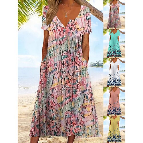 

Women's Casual Dress Summer Dress Print Dress Graphic Floral Button Pocket Split Neck Midi Dress Fashion Classic Daily Holiday Short Sleeve Loose Fit Teal Blush Pink White Summer Spring S M L XL XXL