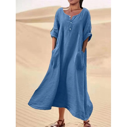 

Women's Casual Dress Cotton Linen Dress Swing Dress Maxi long Dress Cotton Blend Daily Classic Outdoor Daily Vacation Crew Neck Button Pocket Half Sleeve Summer Spring 2023 Loose Fit Black Red Blue