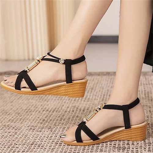 

Femme Sandales Sandales Compensées Chaussures de confort Sandales à bride de cheville Soirée Extérieur du quotidien Eté Strass Bouton Hauteur de semelle compensée Bout ouvert Vacances Mode Rétro