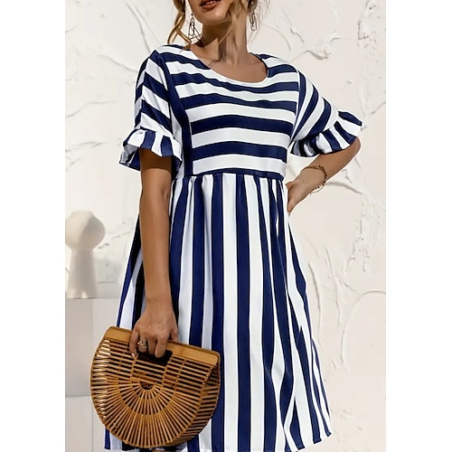 

Women's Casual Dress A Line Dress Stripe Ruffle Crew Neck Midi Dress Basic Vacation Black Yellow Pink Summer S M L XL 2XL