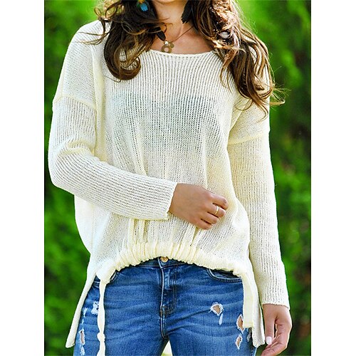 

Mujer Suéter de punto Puente Estriado Tejer Costura asimétrica Color sólido Cuello Barco Elegante Casual Exterior Diario Verano Primavera Azul Piscina Morado S M L