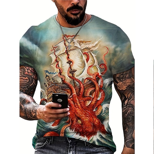 

Men's T shirt Tee Graphic Octopus Boat Crew Neck Clothing Apparel 3D Print Outdoor Daily Short Sleeve Print Fashion Designer Vintage