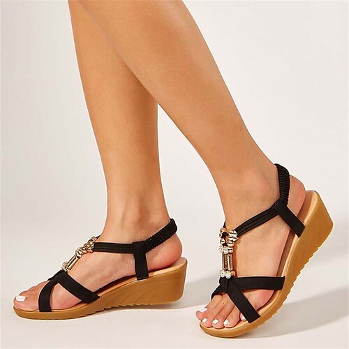 

Damen Sandalen Sandalen mit Keilabsatz Komfort Schuhe Sandalen mit Knöchelriemen Party Outdoor Täglich Sommer Strass Knopf Keilabsatz Offene Spitze Urlaub Modisch Vintage Kunstleder Gummiband Feste