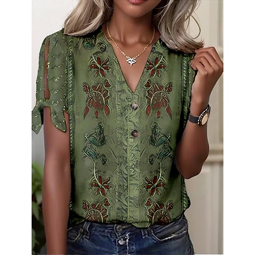 

Mujer Camiseta Blusa Verde Claro Rojo Azul Piscina Graphic Floral Botón Cortado Manga Corta Casual Básico Escote en Pico Regular S