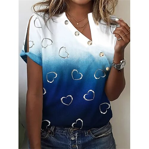 

Women's T shirt Tee Blouse Pink Blue Purple Heart Color Gradient Button Cut Out Short Sleeve Casual Basic V Neck Regular S