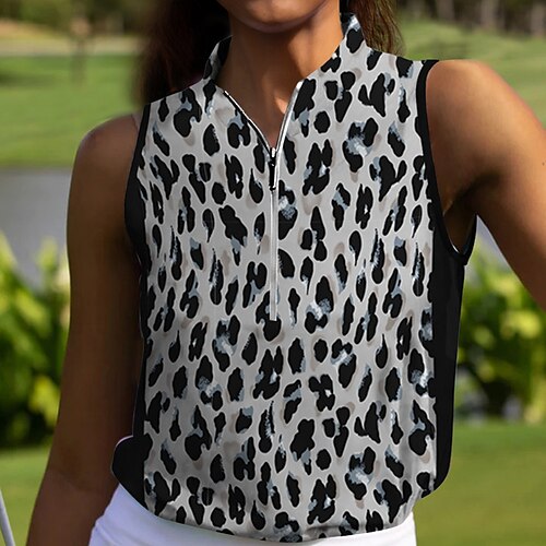 

Mulheres Camisa polo de caminhada Camisa de golfe Respirável Secagem Rápida Pavio Humido Sem Manga Vestuário de golfe Roupas de golfe Normal Zíper Colarinho Alto Leopardo camuflagem Verão Tênis Golfe