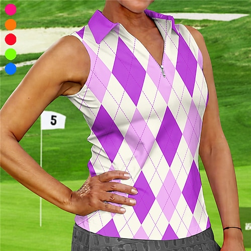 

Mulheres Camisa polo de caminhada Camisa de golfe Respirável Secagem Rápida Pavio Humido Sem Manga Vestuário de golfe Roupas de golfe Normal Zíper Xadrez Verão Tênis Golfe Pickleball