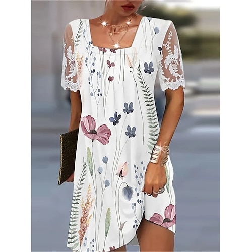 

Mulheres Vestido casual Vestido de verão Vestido estampado Floral Renda Com Transparência Decote Quadrado manga de renda Minivestido Moda Moderno Ao ar livre Diário Manga Curta Normal Branco Verão