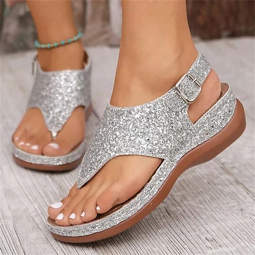 

Mulheres Sandálias Boho Sandálias Anabela Sapatos Confortáveis Festa Diário Praia Verão Lantejoulas Salto Plataforma Dedo Aberto Luxuoso Casual Minimalismo Couro Correia de Calcanhar Côr Sólida Prata