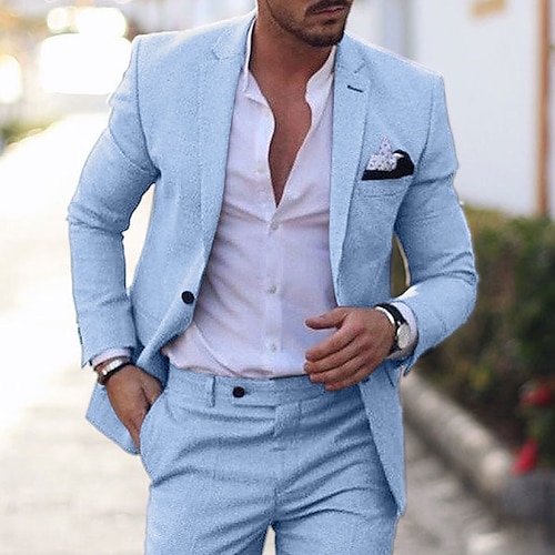 

Light Blue Men's Linen Suits Summer Beach Wedding Suits 2 Piece Solid Colored Tailored Fit Single Breasted Two-buttons 2023