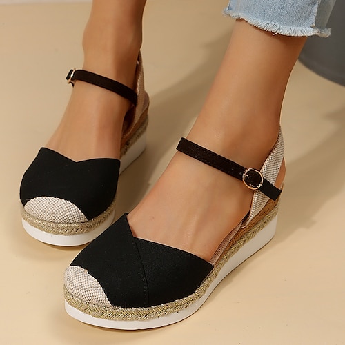 

Mujer Sandalias Sandalias con Cuña Alpargatas Zapatos Confort Diario Verano Tacón Cuña Dedo redondo Moda Vintage Casual Tela Tira de tobillo Color sólido blanquecino Negro Rojo