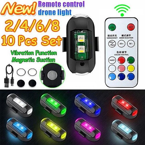 

1/2/4/6/8/10 Pcs Set Upgrade New Strobe Lights 8 Colors Remote Control with Vibration Function Magnetic Suction Mini Anti-Collision Drone Aircraft Motorcycle Car Wiring-free USB Charging LED Wirless Warning Lights Signal Light Flash