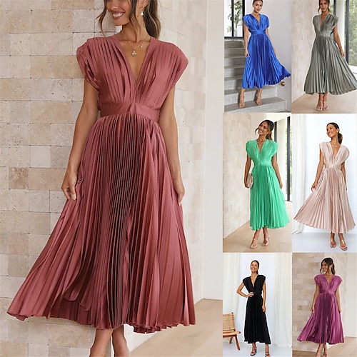 

robe longue Femme Robe de bal Manche Courte Eté Printemps Automne - Mode Soirée Mature Plissé Couleur monochrome Col V Soirée robe demoiselle d honneur Vacances 2023 Noir Rose Claire Vin Bleu Violet