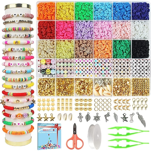 

contas de argila para fazer pulseiras, kit diy estilo boêmio, contas de pulseira para pulseira, kit de contas de argila com pingentes e cordas elásticas, presentes para meninas