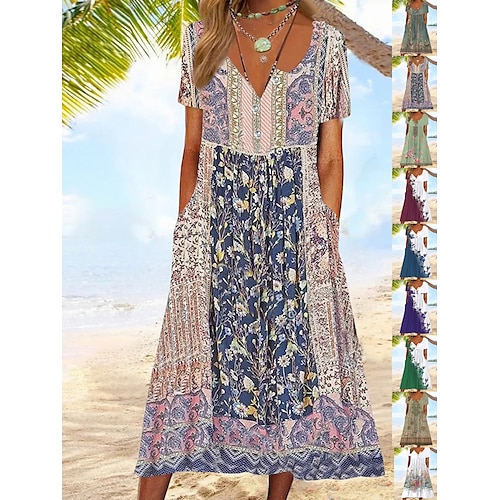 

Mujer Vestimenta casual Vestido de verano Vestido Estampado Graphic Floral Botón Bolsillo cuello partido Vestido Midi Moda Clásico Diario Festivos Manga Corta Holgado Verde Claro Púrpula Claro Morado