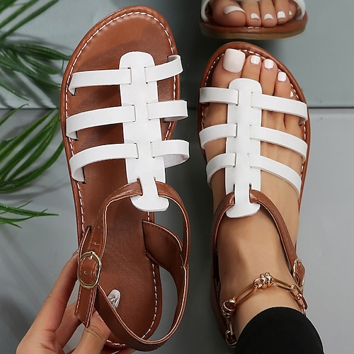 

Damen Sandalen Flache Sandalen Römische Schuhe Übergrössen Täglich Strand Sommer Flacher Absatz Brautkleider schlicht Minimalismus Kunstleder Feste Farbe Dunkelbraun Schwarz Weiß