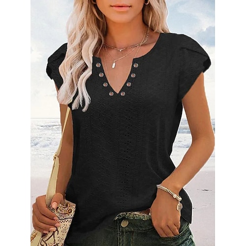 

Mulheres Camiseta Blusa Preto Branco Verde Claro Tecido Manga Curta Casual Básico Decote V Padrão S