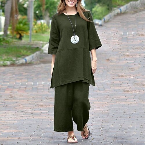 

Women's Shirt Pants Sets Wide Leg Pants Trousers Streetwear Black Army Green Casual Daily Solid Color Split Crew Neck S M L XL 2XL