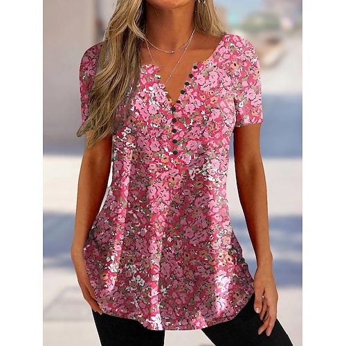 

Mujer Camiseta Rosa Azul Piscina Verde Trébol Floral Botón Estampado Manga Corta Festivos Fin de semana Básico Escote Redondo Regular Flor Pintura S