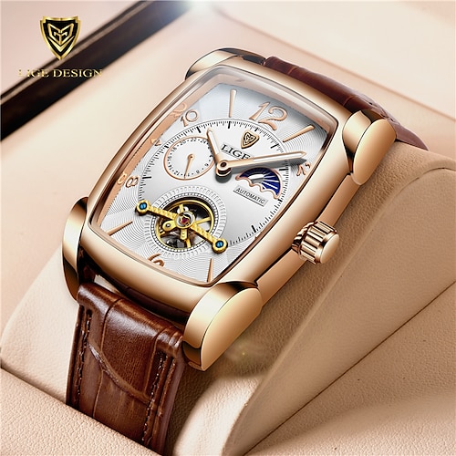 

LIGE Herren Mechanische Uhr Luxus Großes Ziffernblatt Modisch Geschäftlich Automatikaufzug Tourbillon Mondphasenanzeige leuchtend Leder Beobachten