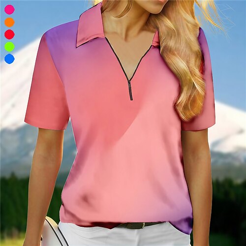 

Women's Polo Shirt Golf Shirt UV Sun Protection Breathable Quick Dry Short Sleeve Golf Apparel Golf Clothes Regular Fit Zipper Color Gradient Summer Tennis Golf Pickleball