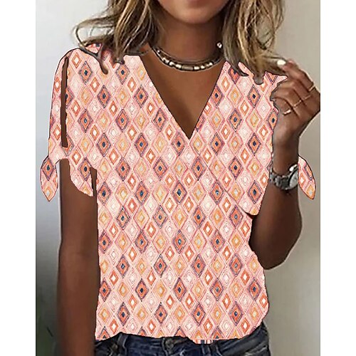 

Damen Hemd Bluse Rosa Blau Purpur Geometrisch Ausgeschnitten Bedruckt Kurzarm Casual Basic V Ausschnitt Standard Geometrisch S