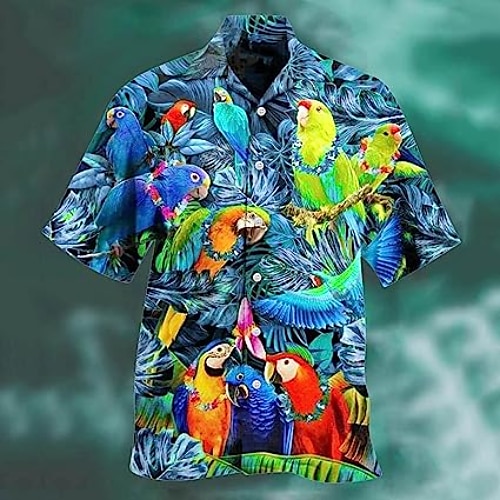 

Men's Shirt Parrot Hawaiian Graphic Shirt Animal Turndown Sea Blue Green Blue Purple Red Outdoor Street Short Sleeve Button-Down Clothing Apparel Fashion Designer Casual Breathable