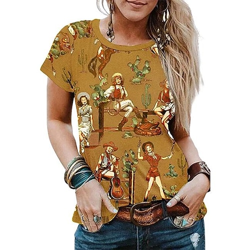 

Damen T Shirt Rote Braun Porträt Bedruckt Kurzarm Täglich Wochenende Basic Rundhalsausschnitt Standard Portrait Farbe S