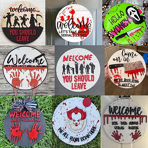 

decoração de placa de madeira de horror de halloween - número da casa horror palavras de boas-vindas - festa de horror de halloween