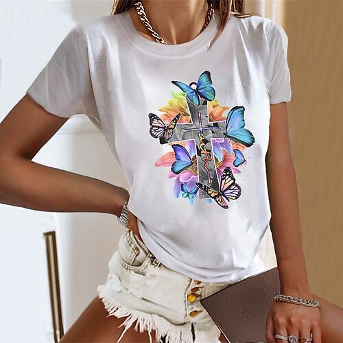 

T shirt Tee Femme Noir Blanche Rose Claire Papillon Imprimer Manche Courte du quotidien Fin de semaine basique Col Rond Normal Coton Standard Papillon Peinture S