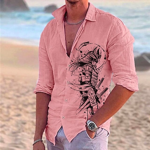 

Hombre Camisa camisa de lino Cráneos Estampados Cosecha Soldier Cuello Vuelto Blanco Rosa Verde Trébol Gris Exterior Calle Manga Larga Estampado Ropa Lino Moda Ropa de calle Design Casual