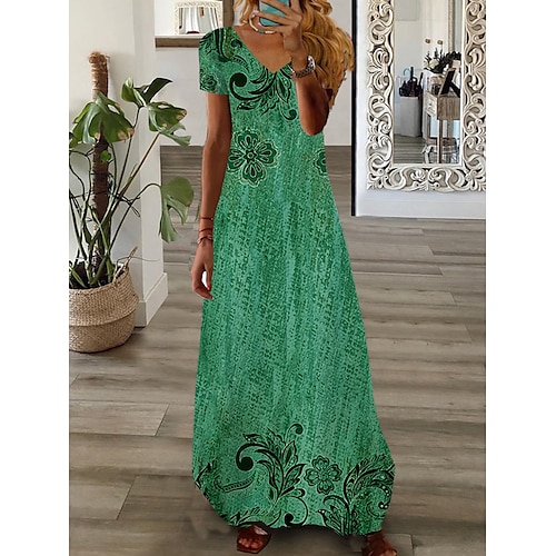 

Women's Long Dress Maxi Dress Casual Dress Summer Dress Print Dress Floral Fashion Streetwear Outdoor Daily Date Print Short Sleeve V Neck Dress Regular Fit Blue Dark Green Green Summer Spring S M L