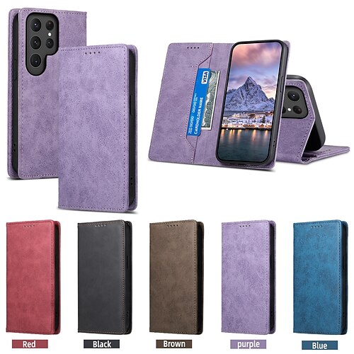 

telefone Capinha Para Samsung Galaxy Capa para Cartão Wallet S22 Ultra Plus S21 FE S20 A54 A73 Anti-Roubo Slots de suporte de cartão Virar Magnético Cor Sólida TPU Couro PU