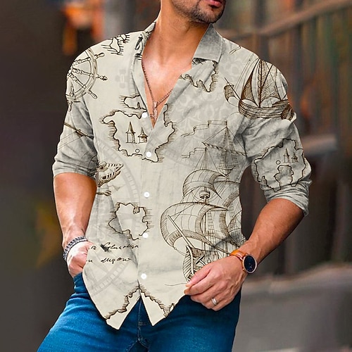 

Hombre Camisa camisa de lino Estampados Cosecha Velero Cuello Vuelto Azul Piscina Caqui Exterior Calle Manga Larga Estampado Ropa Lino Moda Ropa de calle Design Casual