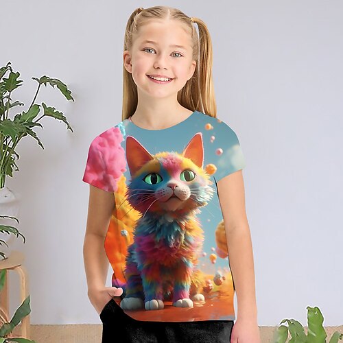 

Para Meninas Camiseta Manga Curta Camisa Camiseta Gráfico Desenho Animado Gato Impressão 3D Ativo Moda Estilo bonito Poliéster Ao ar livre Casual Diário Infantil Crewneck 3-12 anos Gráfico impresso