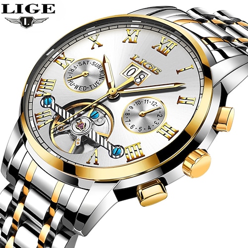 

LIGE Masculino Relógio mecânico Relógio Casual Negócio Luminoso Calendário Data Semana IMPERMEÁVEL Correia de Aço Inoxidável Assista