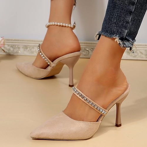 

Women's Slippers Mules Heeled Mules Daily Rhinestone Stiletto Heel Pointed Toe Fashion Casual PU Loafer Solid Color Almond Black