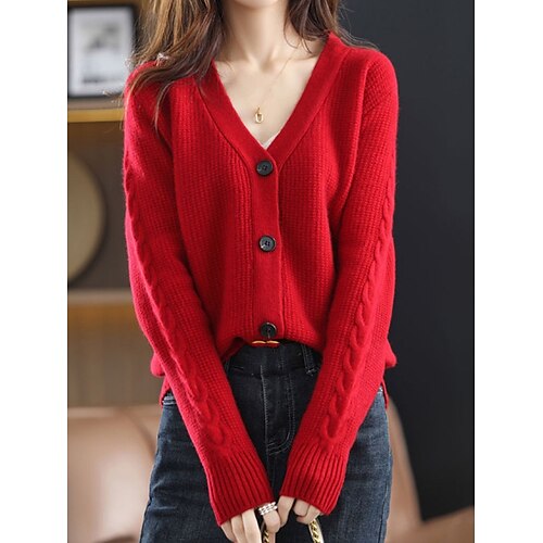 

Women's Cardigan Sweater Jumper Cable Knit Button Solid Color V Neck Stylish Casual Daily Going out Summer Spring Black White One-Size