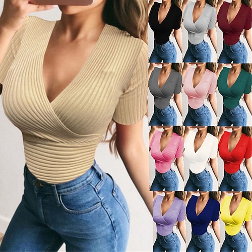 

Women's Pullover Sweater Jumper Jumper Ribbed Knit Patchwork Solid Color V Neck Stylish Casual Outdoor Daily Summer Spring Black White XS S M