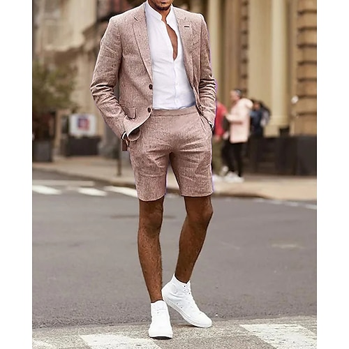 

Costumes en lin Homme Retour lin Ensemble 2 pièces Rose poussiéreuse Violet Couleur Pleine Coupe Sur-Mesure Droit deux boutons 2023