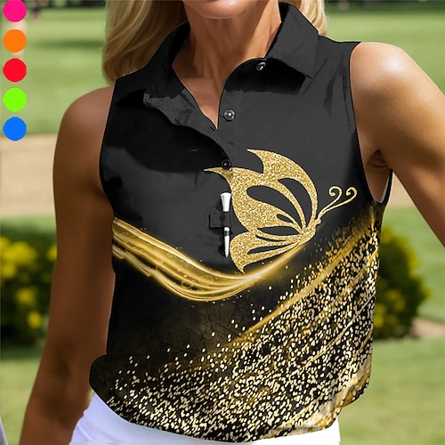 

Mulheres Camisa polo de caminhada Camisa de golfe Pólo de botões Respirável Secagem Rápida Pavio Humido Sem Manga Vestuário de golfe Roupas de golfe Normal Borboleta Estampado Verão Tênis Golfe