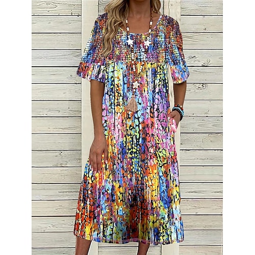 

Women's Casual Dress Summer Dress Print Dress Graphic Print Pocket Print Crew Neck Midi Dress Fashion Streetwear Outdoor Daily Short Sleeve Loose Fit Rainbow Summer Spring S M L XL XXL